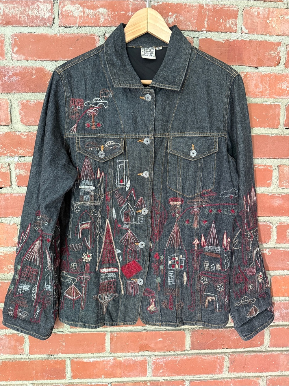 Parsley & Sage Black Denim Jacket with Multicolor Embroidery